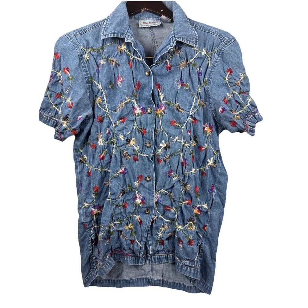Jane Ashley 100% Cotton Denim Button Down Embroidered Shirt Women's‎ M